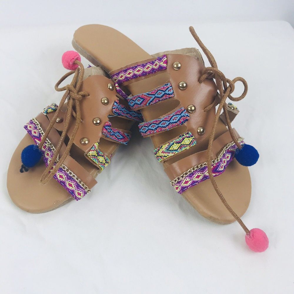 Boho Flat Tassel Gladiator‎ Sandals Summer Beach Shoes Size 6 Tan Pink